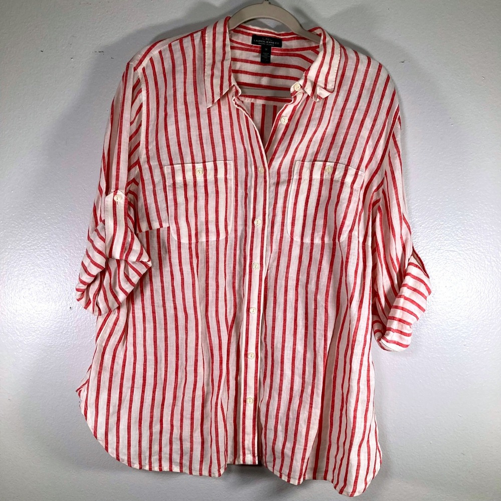 Lauren Ralph Lauren 1X Red White Striped 100% Linen Roll Tab Button Down Shirt